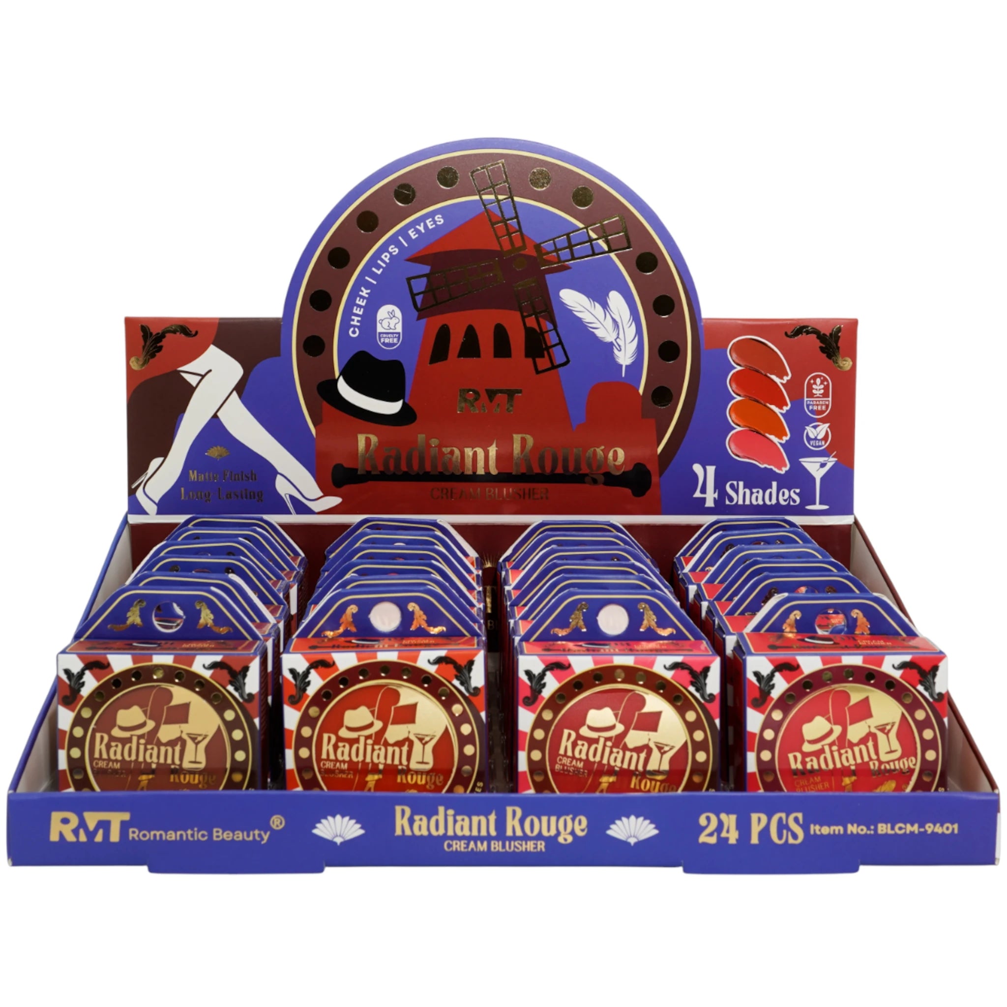 Romantic Beauty Radiant Rouge Cream Blusher - Wholesale Display 24 Units (BLCM-9401)